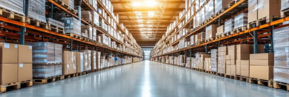 Long warehouse aisle with racks of labeled cases and pallets, the packaging Label-Aire applicators label